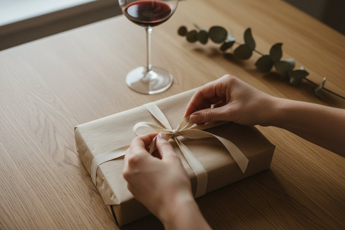 Handen knopen een lint om een ingepakt cadeau voor een wijnliefhebber