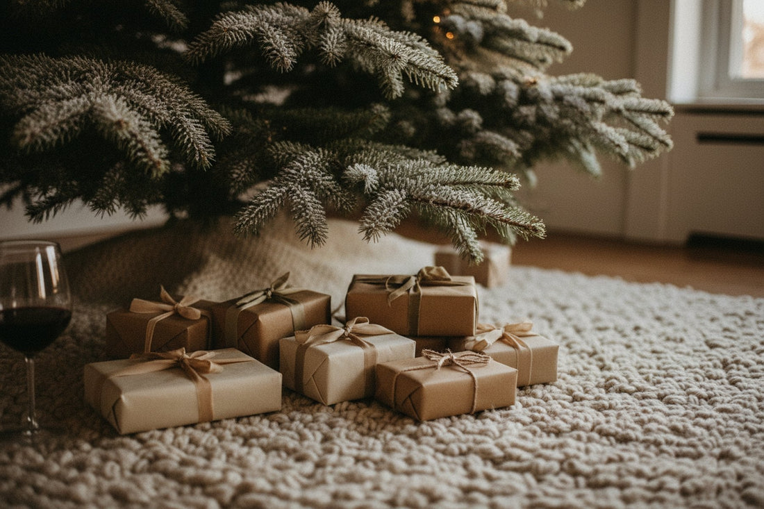 Kleine ingepakte cadeaus bij de voet van een kerstboom