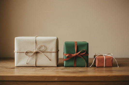 Drie ingepakte cadeaus in verschillende maten op eikenhout