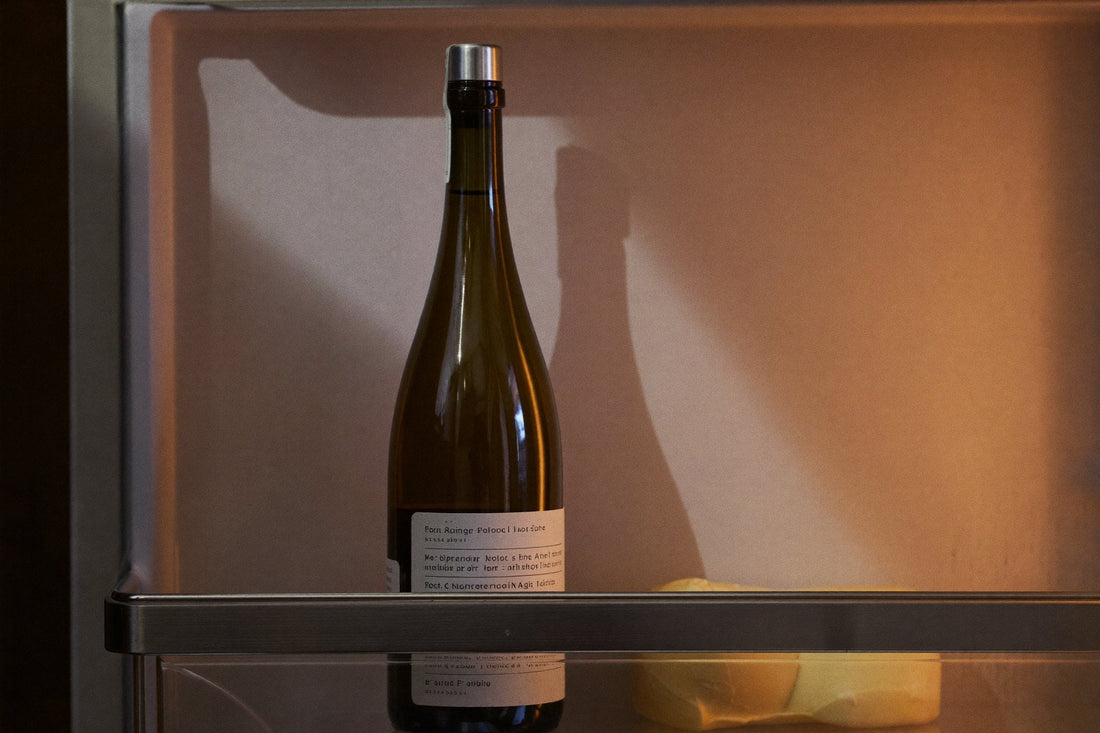 Fles witte wijn op een koelkastplank