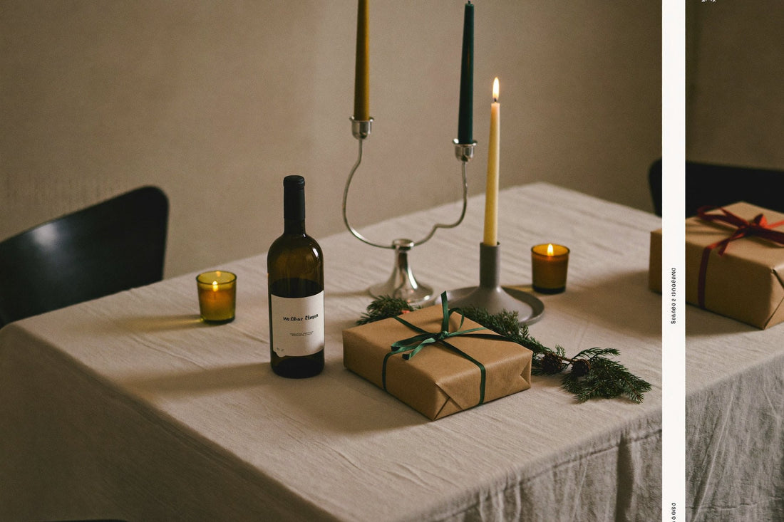 Gedekte tafel met kaarsen, een fles wijn en ingepakte cadeaus