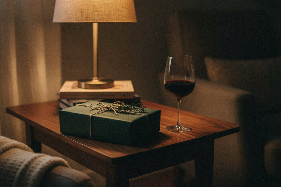 Kerstcadeau in groen papier naast een glas rode wijn