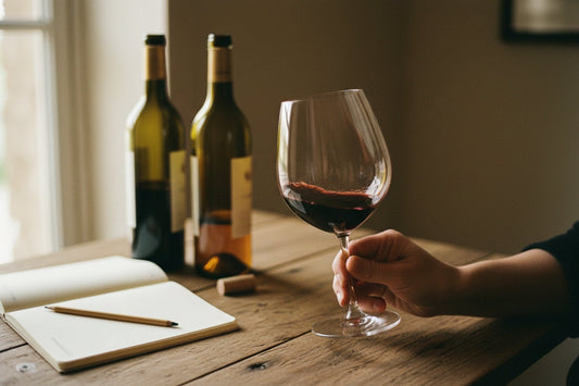 Iemand zwenkt rode wijn in een proefglas aan een houten tafel
